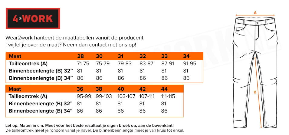 Werkspijkerbroek 4-Work Nerja Stretch - Maattabel