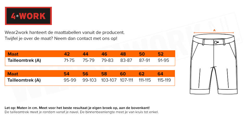 Korte werkbroek stretch Marbella 4-Work - Maattabel