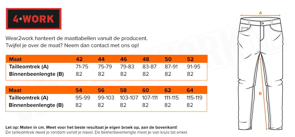 GW05 Alicante Multipocket werkbroek - Maattabel