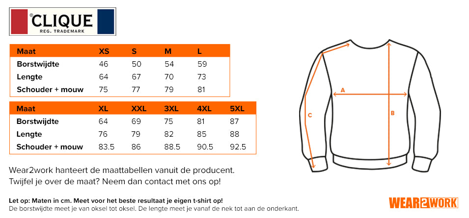 Hoodie Clique Helix - Maattabel