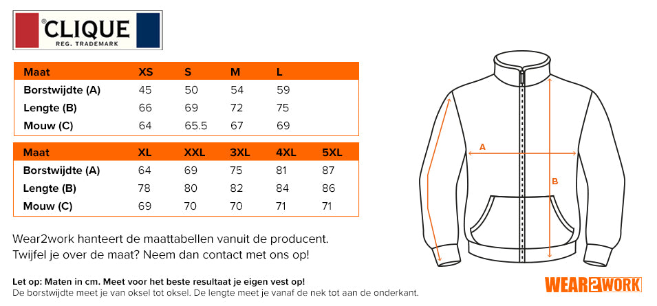 Cardigan vest Clique Classic - Maattabel