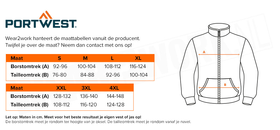 Portwest gevoerd teddy vest high-visibility PW377 - Maattabel