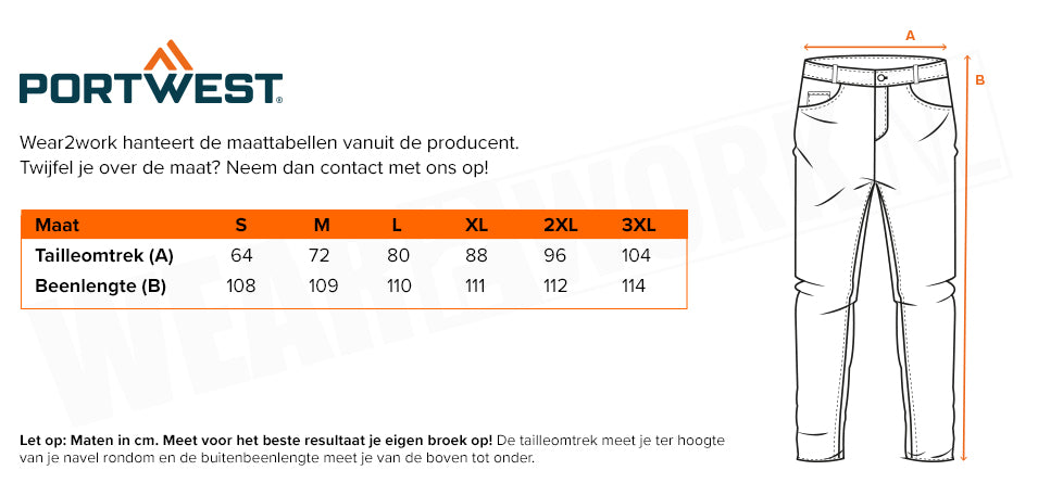 Regenbroek Economy Portwest - Maattabel