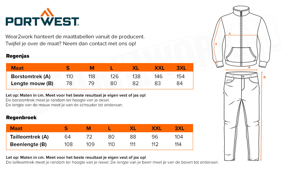 Regenpak Economy zwart - Maattabel