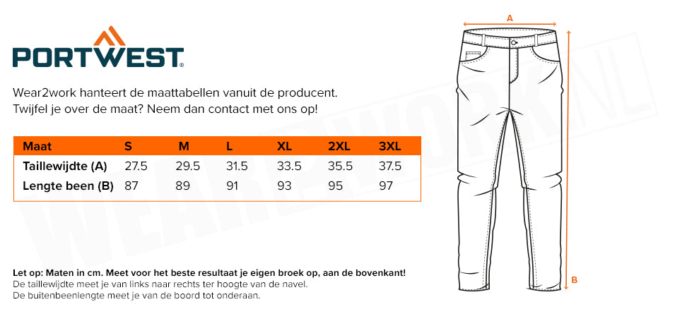 Thermobroek met lange pijpen Portwest - Maattabel