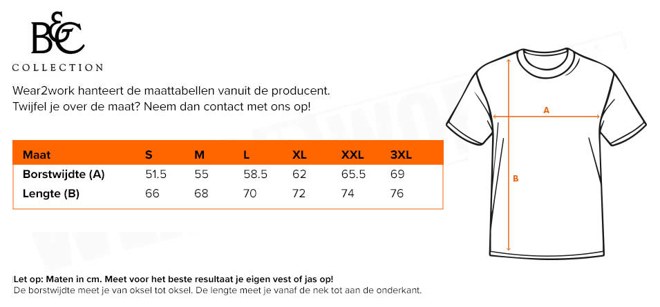 Tanktop B&C 100% katoen - Maattabel