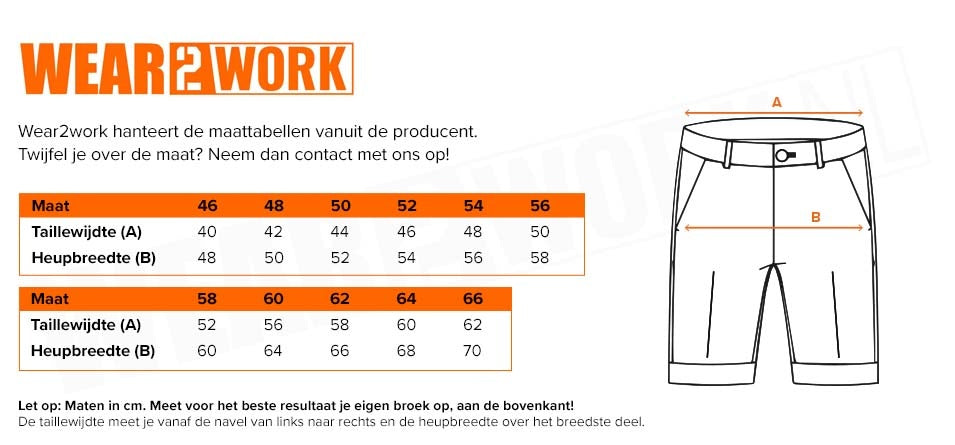 Korte werkbroek Bermuda wit - Maattabel