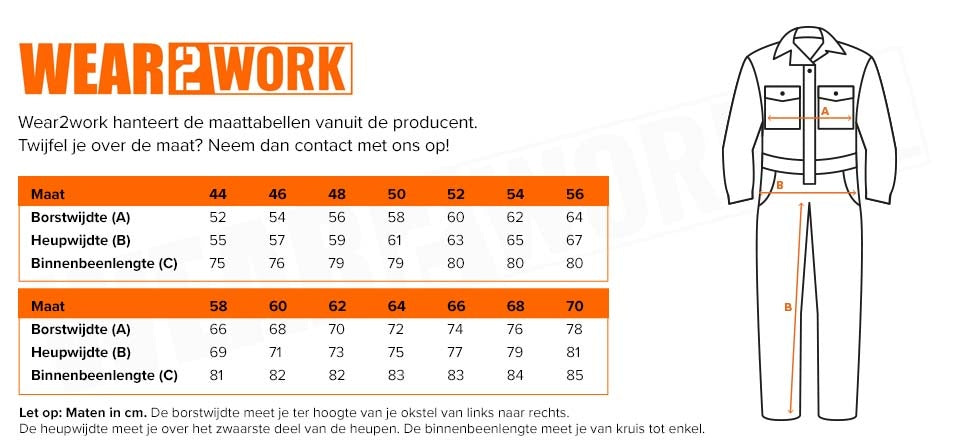 Gevoerde winteroverall - Maattabel