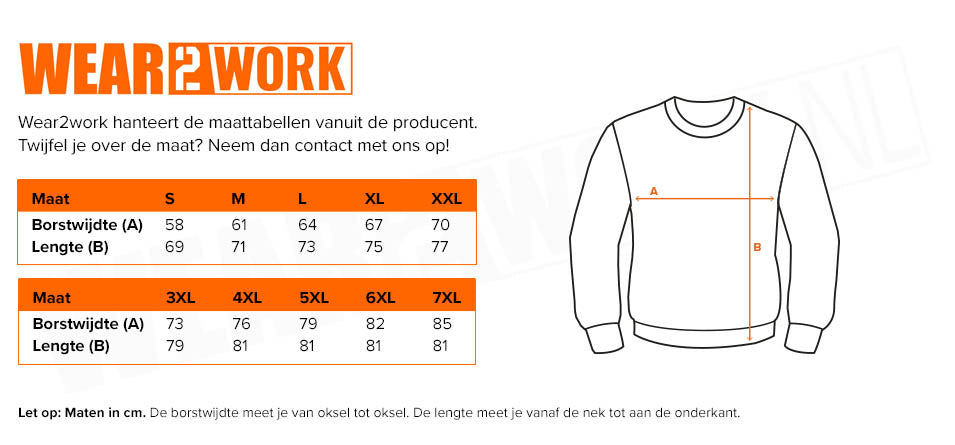 RWS Sweater high-visibility oranje - Maattabel