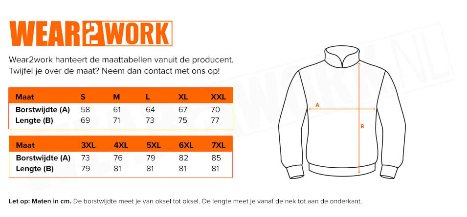 RWS Sweater met zipneck - Maattabel