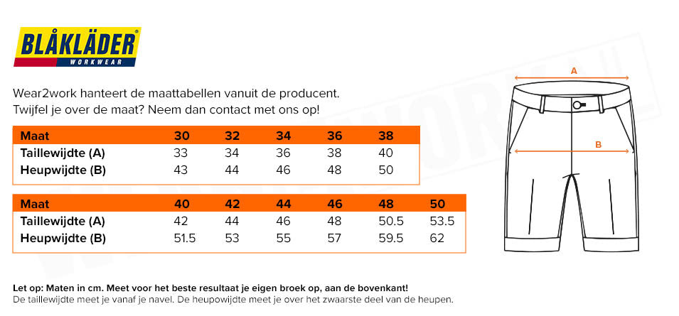 Dames stretch korte werkbroek Blaklader 7149 - Maattabel