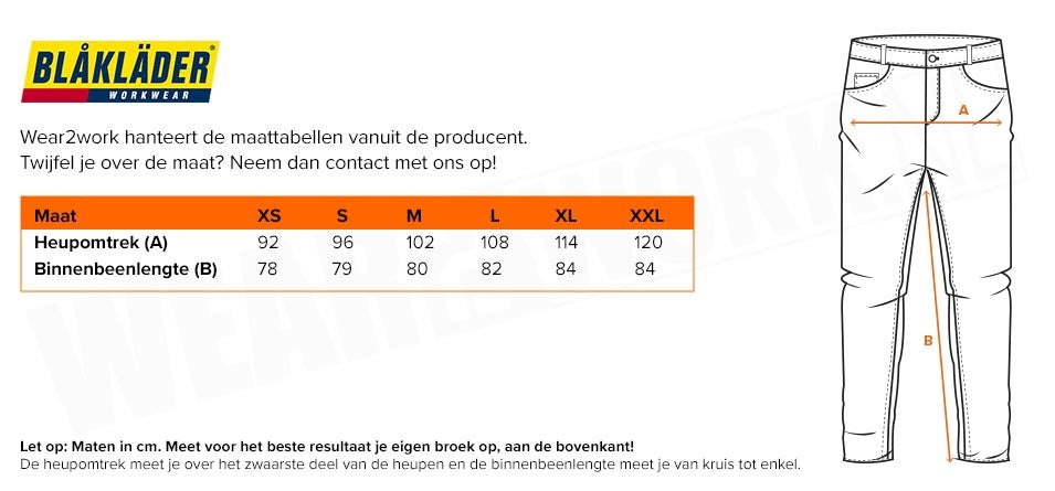 Zwangerschapswerkbroek Blaklader 7101 - Maattabel