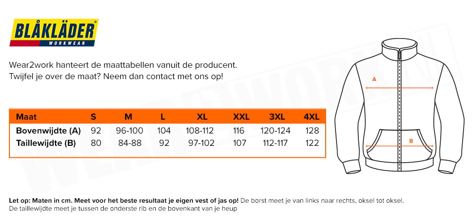 Softshell jas Blaklader met capuchon - Maattabel