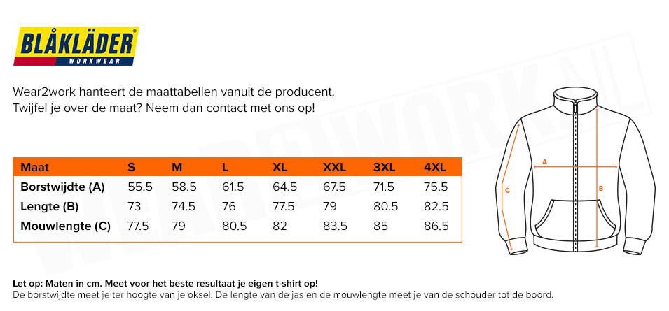 Blaklader hybride jack 5930 - Maattabel