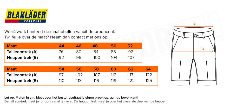 Korte stretch werkbroek Blaklader 1094 - Maattabel