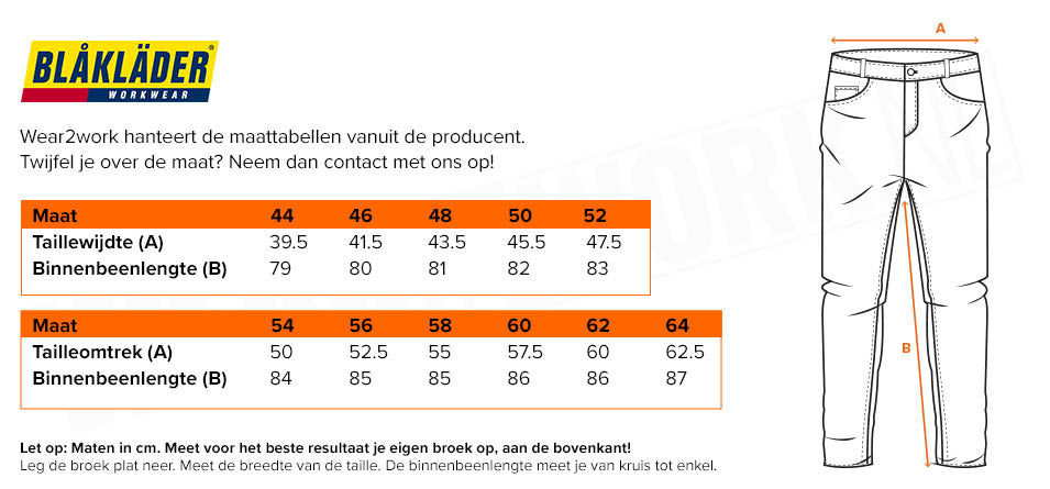 Blaklader schilderswerkbroek stretch 1910 - Maattabel