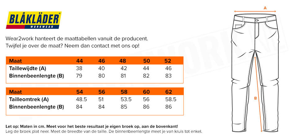 Blaklader schildersbroek - Maattabel