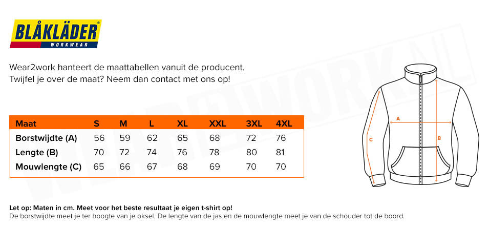 Blaklader vest 3349-1048 - Maattabel