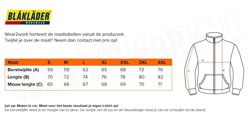 Blaklader vest met capuchon 3366 - Maattabel