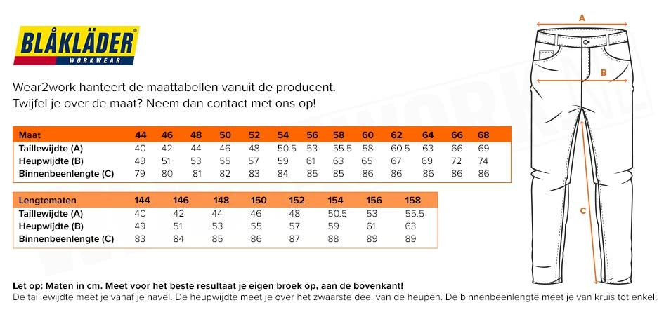 Blaklader schildersbroek 4-Way stretch 1089 - Maattabel