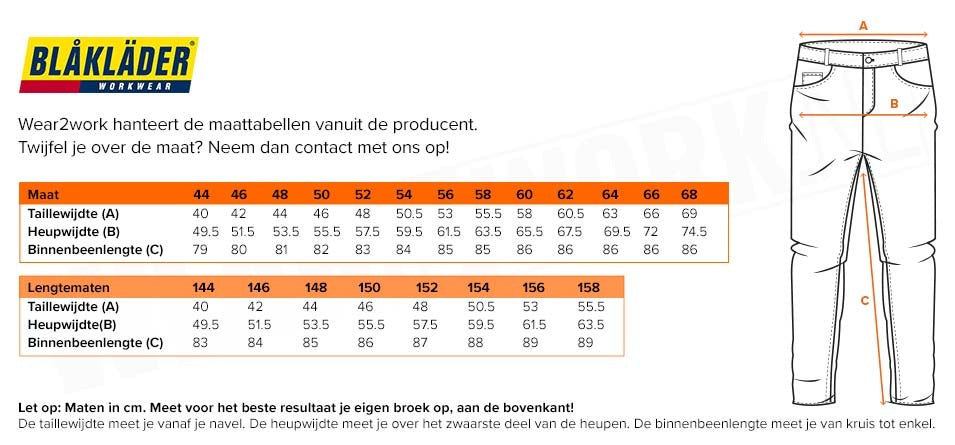 Blaklader stretch werkbroek 1444 - Maattabel