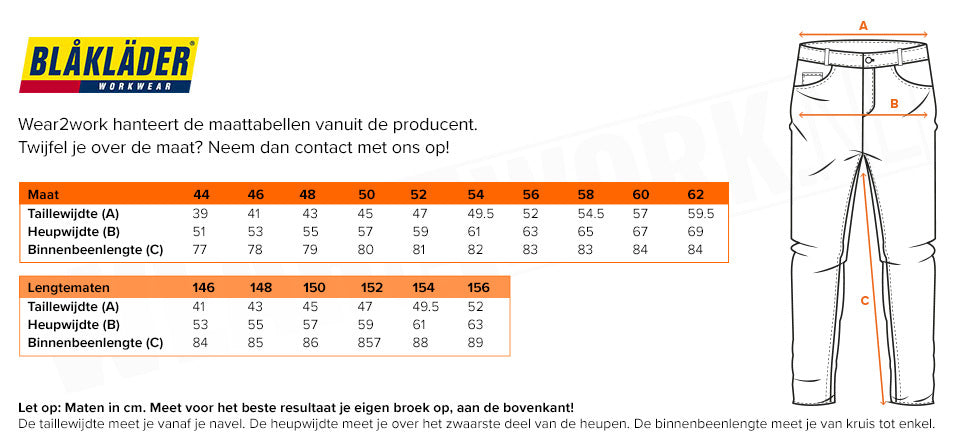 Werkbroek Denim Blaklader X1500-1140 - Maattabel