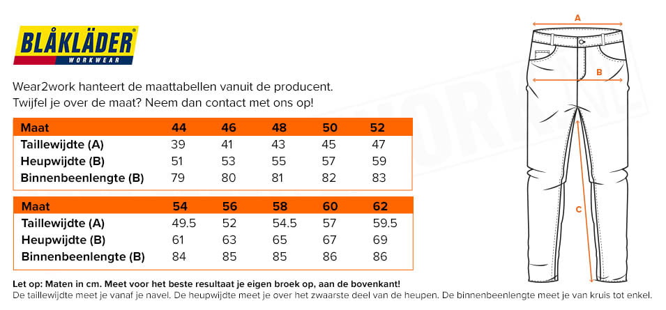 Blaklader werkbroek 1500-1380 - Maattabel