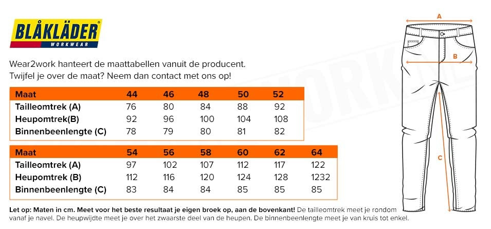 Afritsbare werkbroek Blaklader 1538-1860 - Maattabel