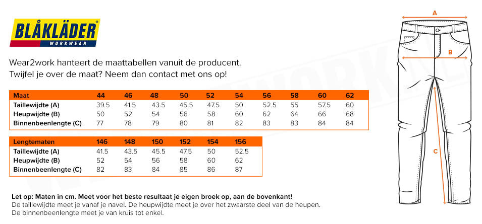 Blaklader vloerleggersbroek stretch 1554 - Maattabel