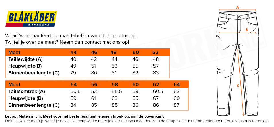 Blaklader stretch werkbroek 1599 - Maattabel