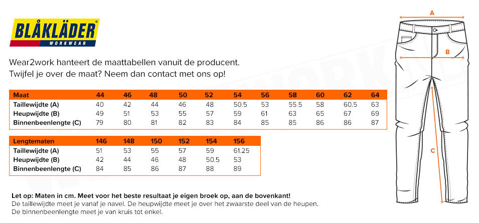 Blaklader werkbroek stretch 1790 - Maattabel