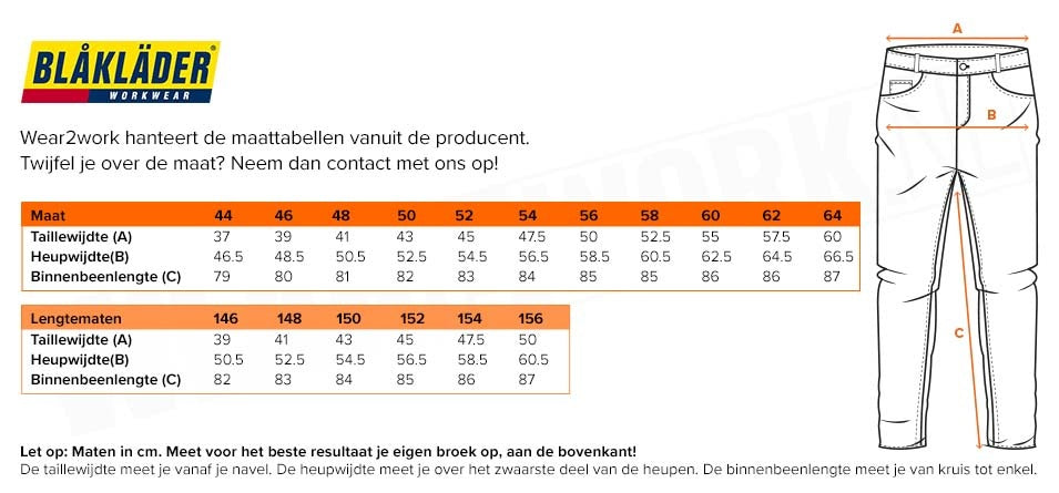 Blaklader werkbroek 4-way stretch 1998 - Maattabel