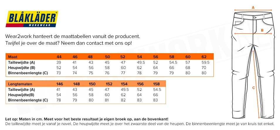 Blaklader werkbroek Baggy Stretch 1999-1141 - Maattabel