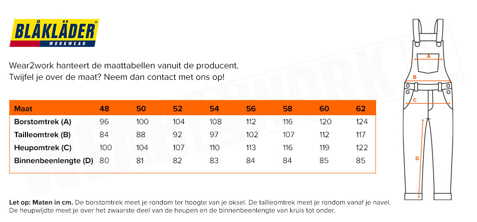 Blaklader amerikaanse overall 2650 - Maattabel