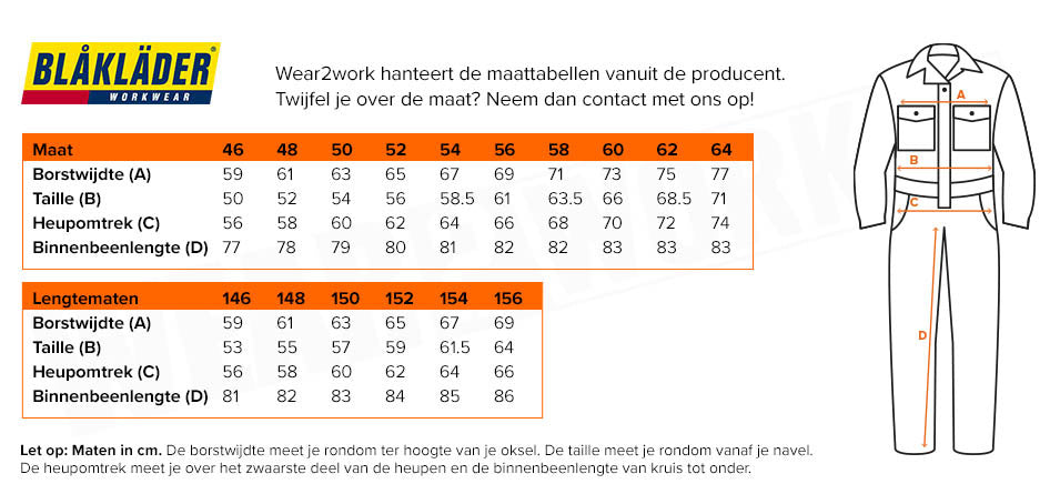 Vlamvertragende overall Blaklader 6061 - Maattabel