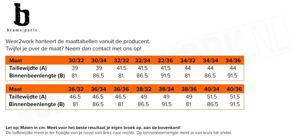 Spijkerbroek Danny Stretch Brams Paris - Maattabel