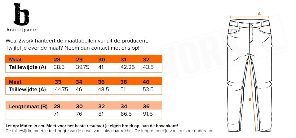 Werkbroek Brams Paris Dex - Maattabel