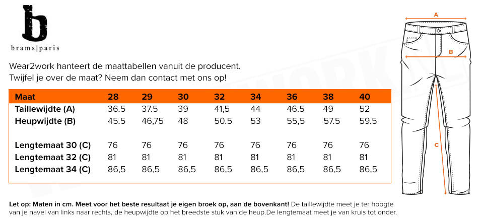 Dames spijkerwerkbroek Brams Paris Lily X94 - Maattabel
