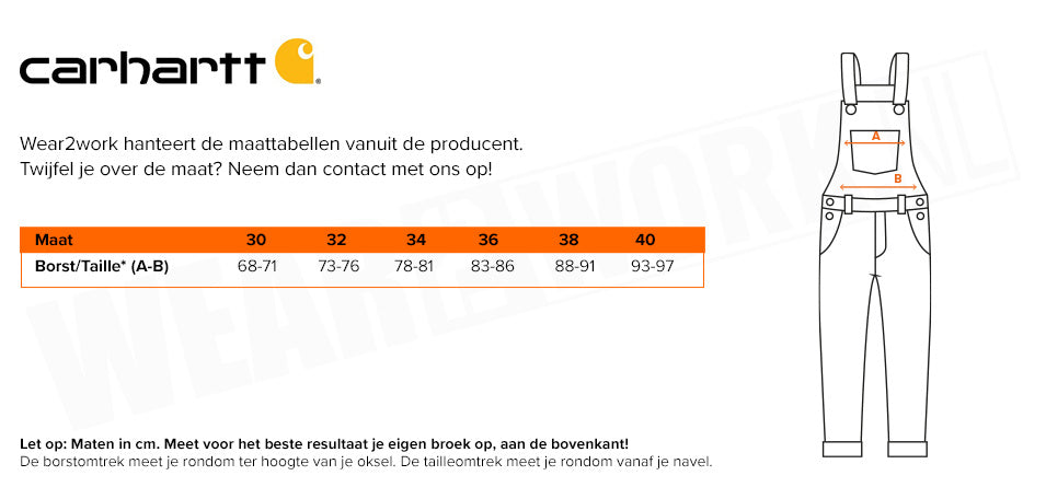 Carhartt Amerikaanse overall - Maattabel