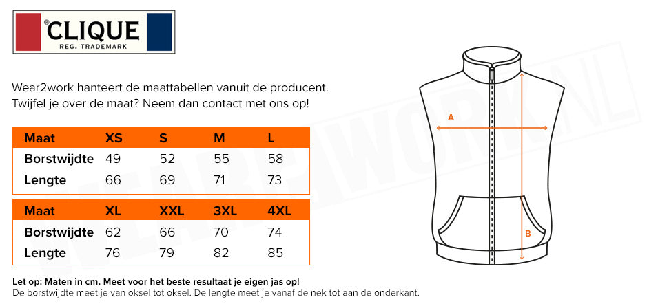 Bodywarmer Clique Hudson - Maattabel