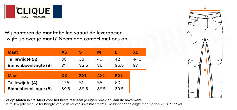 Cargo Clique  Stretch werkbroek - Maattabel