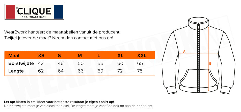 Cardigan dames Clique premium - Maattabel