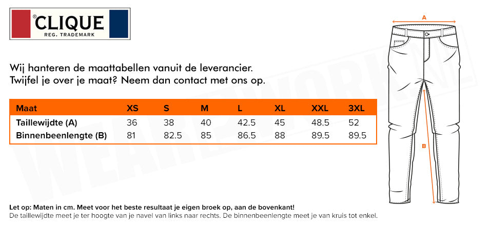 Werkbroek Kenai Clique - Maattabel
