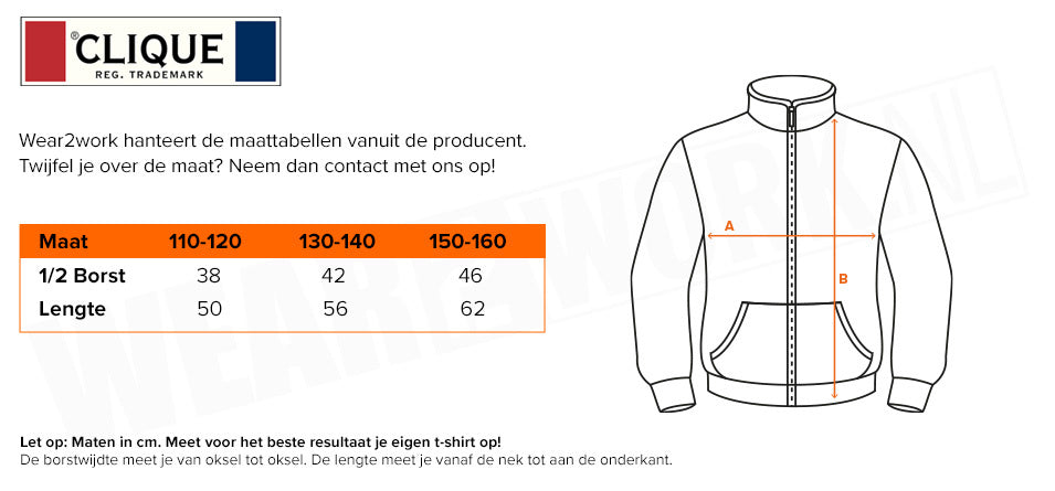 Kinder softshell jas Clique classic kobalt - Maattabel