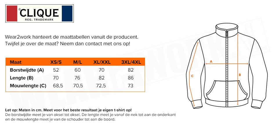 Regenjas Basic Clique - Maattabel