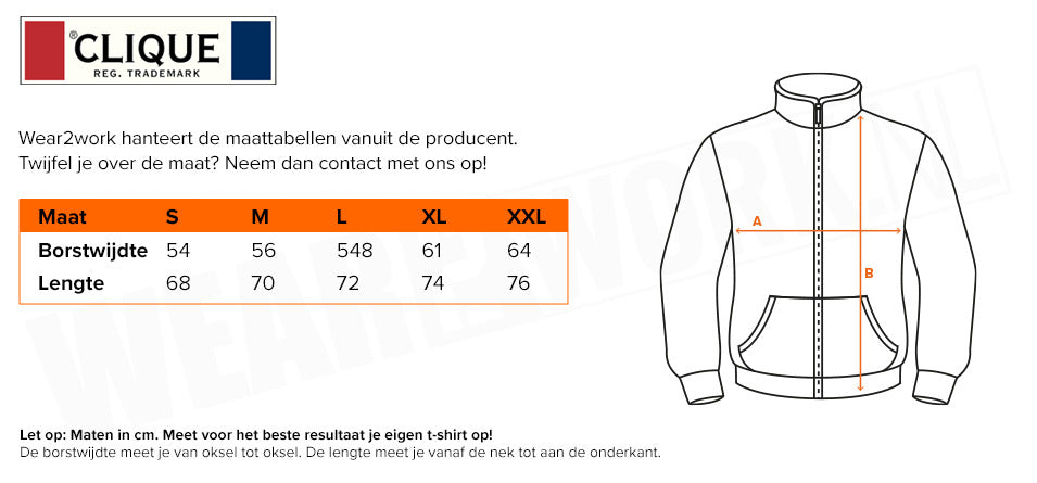 Clique schildersvest met capuchon Gerry - Maattabel