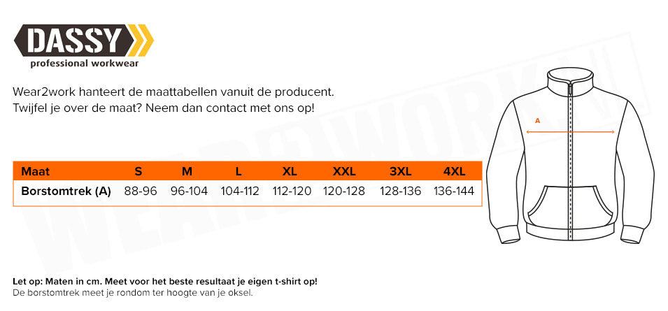 Dassy vest Convex - Maattabel