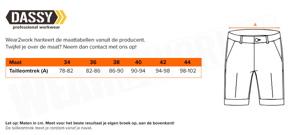 Dames stretch korte werkbroek Dassy Axis - Maattabel