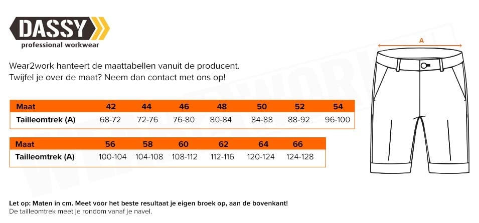 Korte werkbroek Dassy Zion - Maattabel
