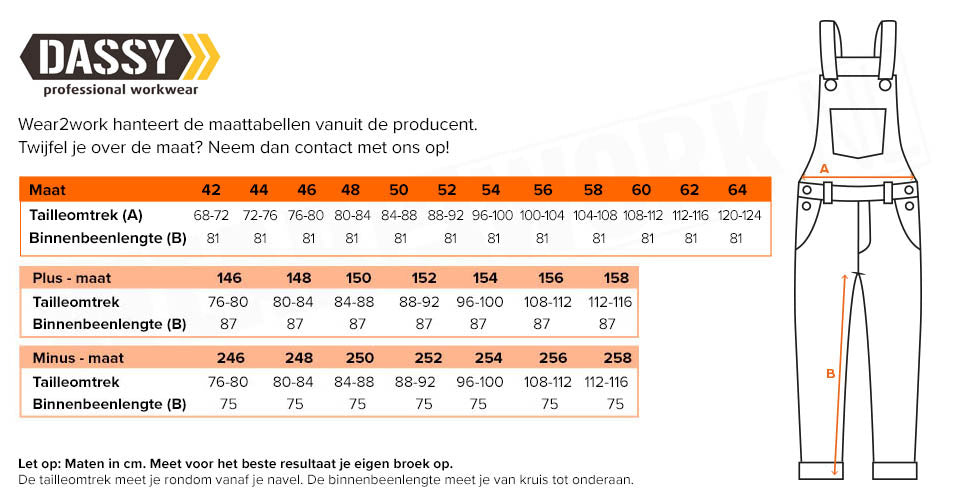 Reflecterende overall Dassy oranje - Maattabel